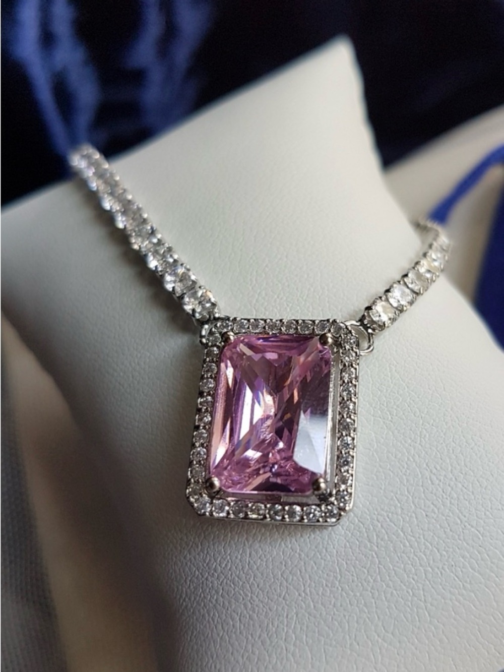 Swarovski Elements Tennis Necklace with a Pink Emerald-cut Halo Pendant NEW